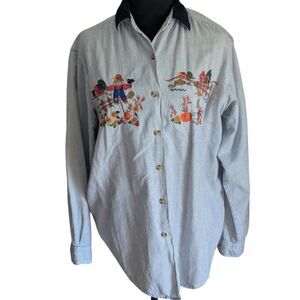 CASEY & MAX VTG Embroidered Harvest Fall Shirt Medium Corduroy Collar Striped
